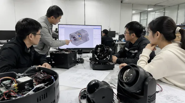 Engineering team developing custom optical system for DJ light fixture
