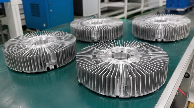 CNC-machined aluminum heatsink fins custom designed for high-wattage professional DJ moving head fixtures