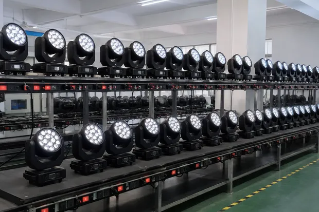 Professional DJ light fixtures running on 48-hour full-load aging test rig in GDMonkey factory
