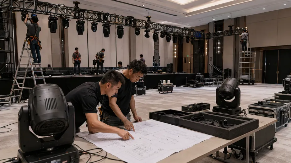 AV integration firm installing pre-addressed fixture packages in a hotel event space with DMX documentation