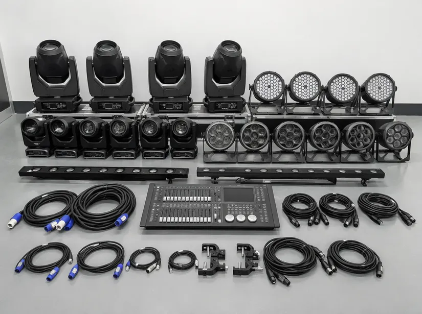 Complete DJ lighting system components laid out — moving heads, wash pars, beam effects, DMX controller, and cabling