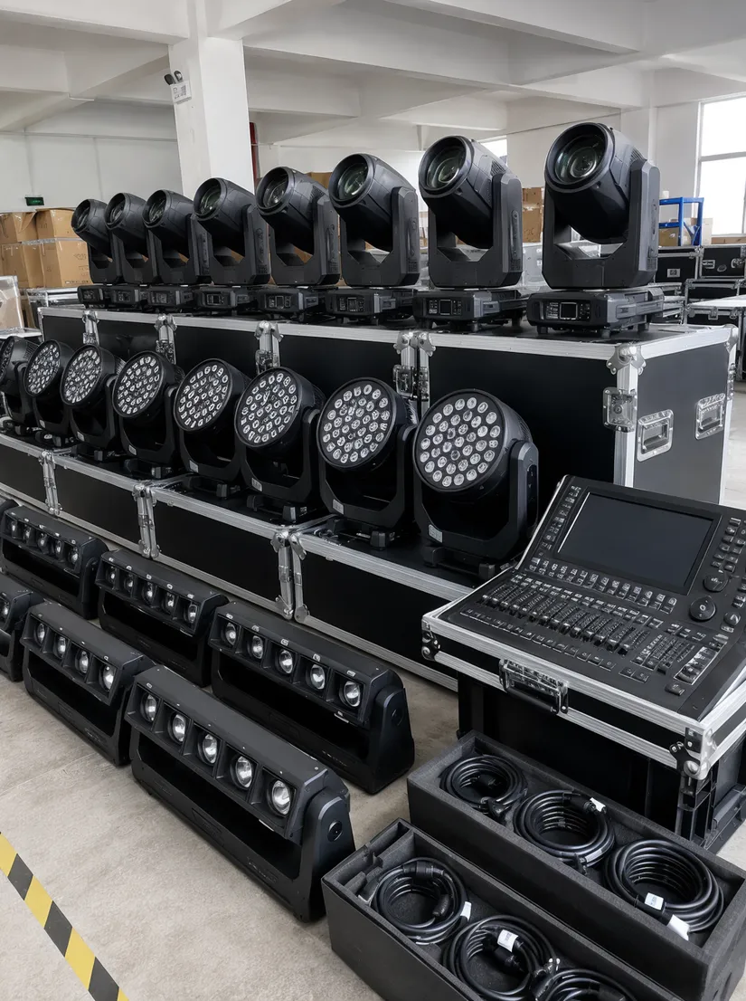 Professional DJ lights system package with moving heads, wash fixtures, and DMX controller arranged for deployment