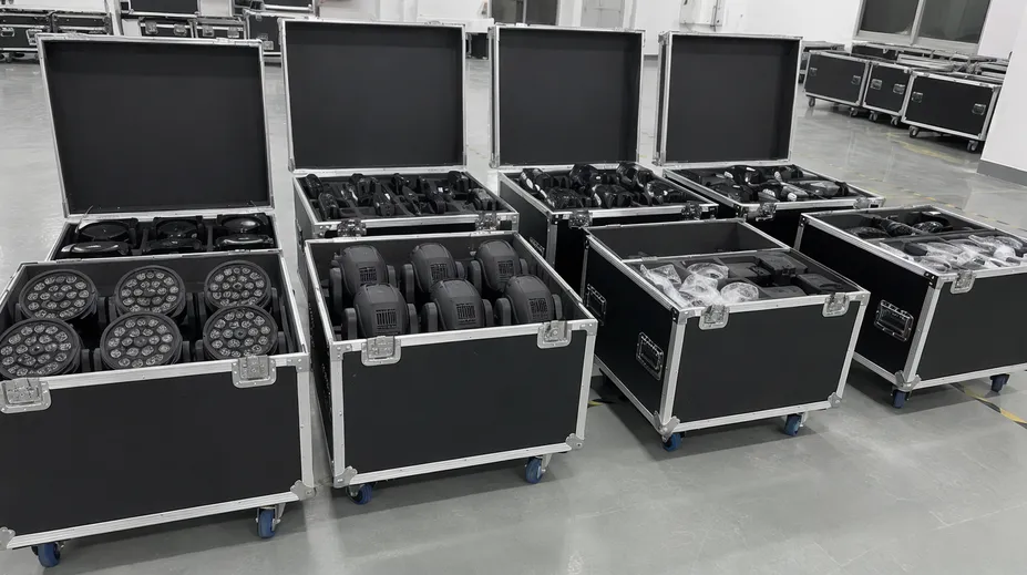 Complete mobile DJ lighting system packed in flight cases ready for transport to events
