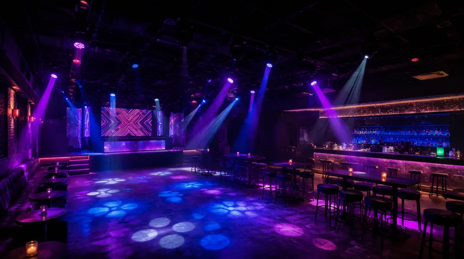 Mid-market nightclub with pre-configured professional lighting system covering the dance floor and bar areas