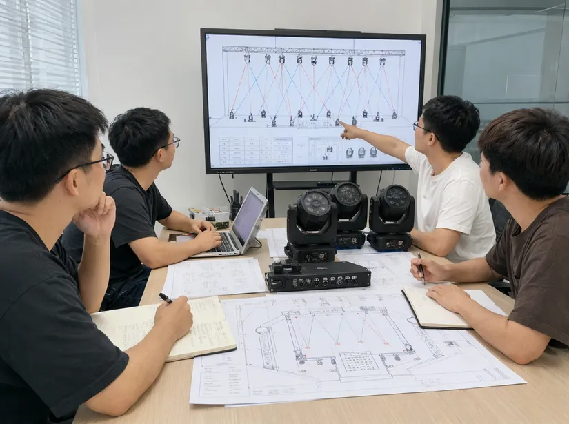 Engineering team defining system architecture for professional DJ lights package with DMX channel allocation layout