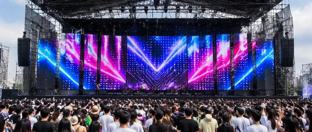 Large-scale concert stage with LED backdrop panels forming a continuous stage lighting background wall behind performers at outdoor music festival