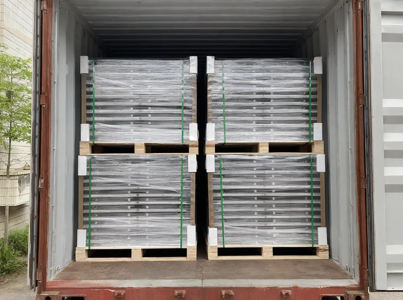 Palletized backdrop panels loaded in shipping container with protective packaging