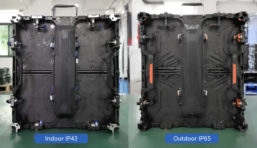 Indoor IP43 and outdoor IP65 stage lighting backdrop panels side by side showing build differences