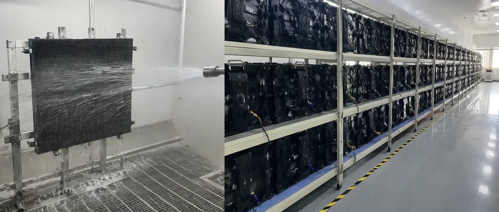 LED panel quality testing including jet-spray IP65 validation and 48-hour burn-in aging rack