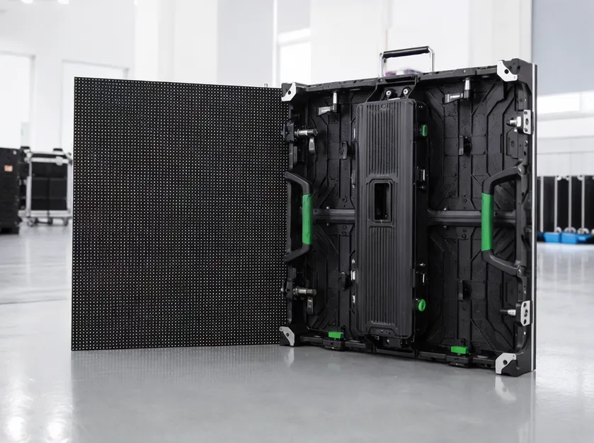 Modular stage lighting backdrop panels showing die-cast aluminum frame and LED pixel array