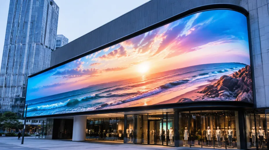 Large-scale LED backdrop panels on a building facade running 365 days per year