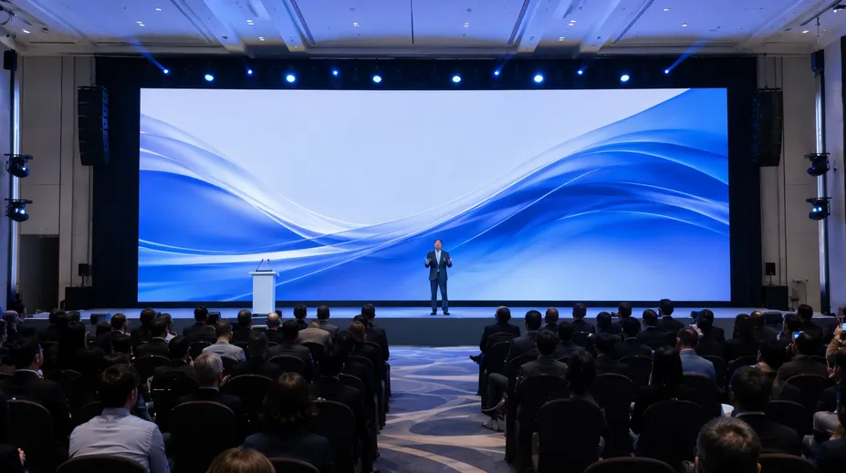 Fine-pitch LED backdrop panels at a corporate product launch event