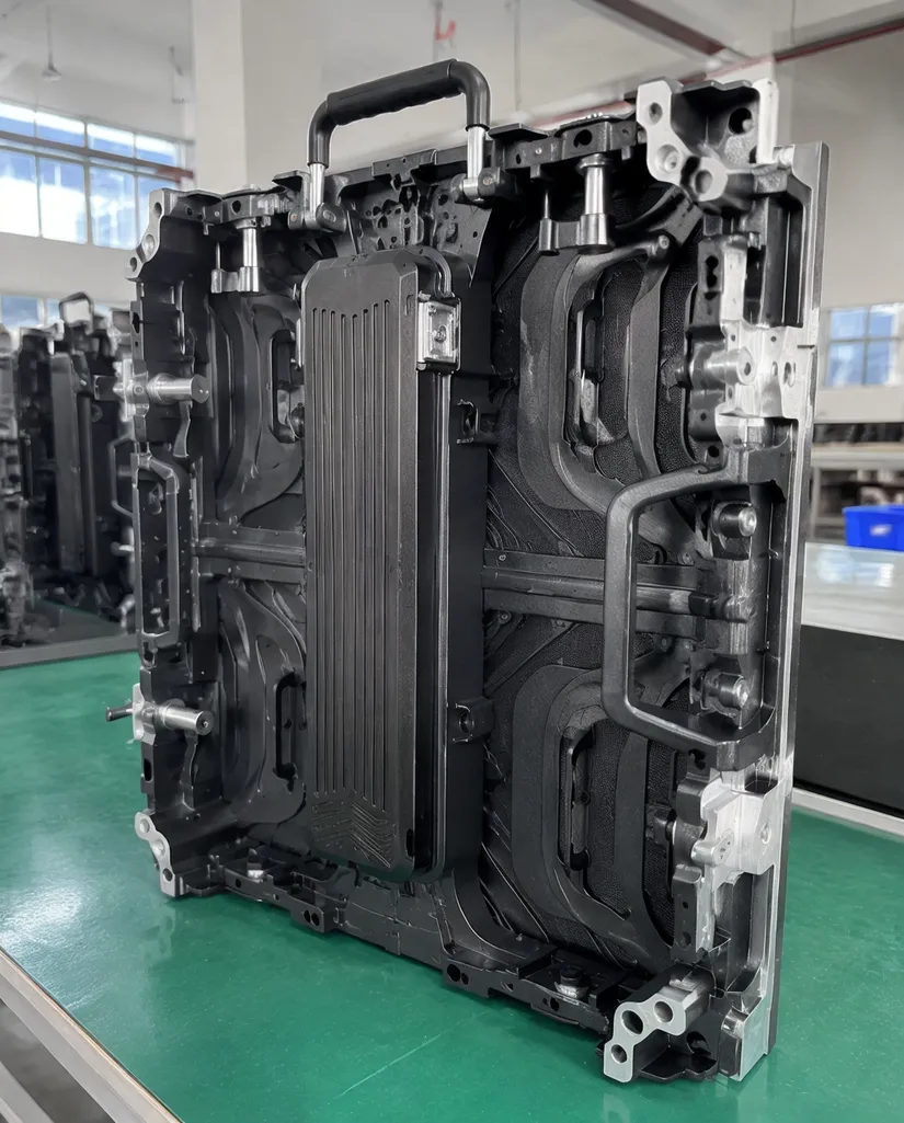 Die-cast aluminum LED panel frame with CNC-machined latch housings and hardened steel pins
