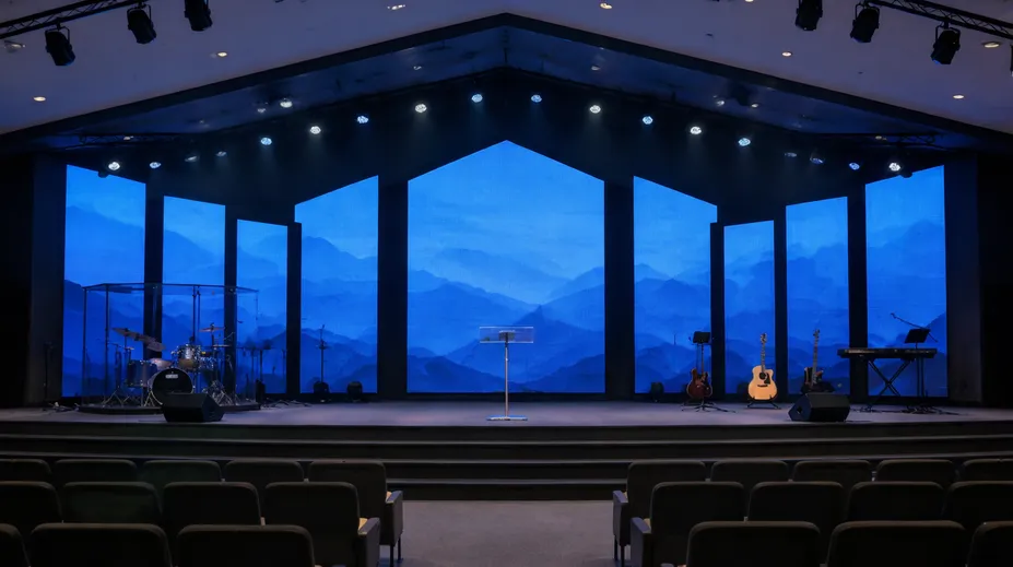 Permanent LED backdrop installation on a church stage with custom panel geometry