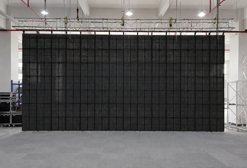 GDMonkey modular LED stage lighting background panel system assembled as a large-format backdrop wall