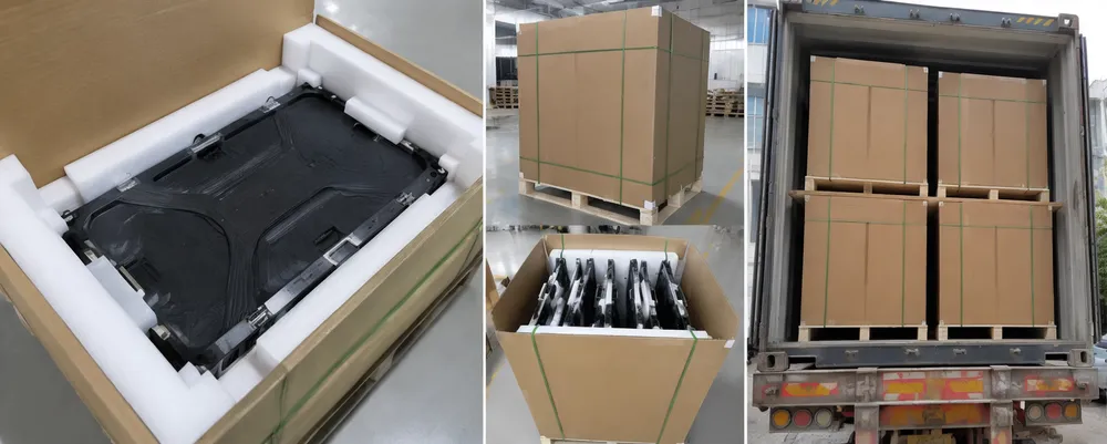 LED backdrop panel packaging showing EPE foam cradle protection and palletized container loading configuration