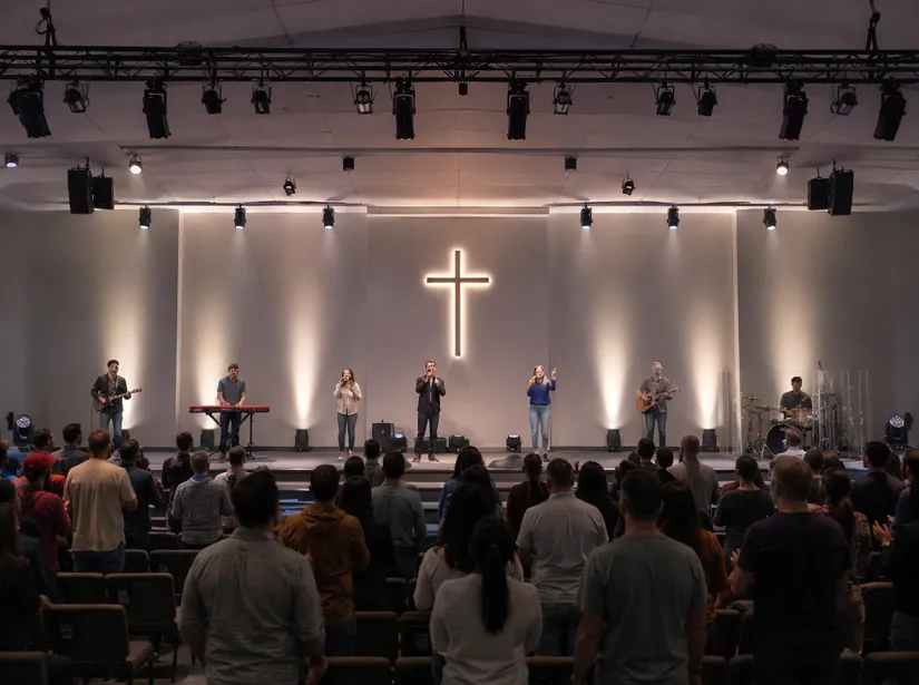 Church stage lighting design with warm LED wash fixtures illuminating a modern worship environment