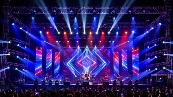 Concert touring stage with high-output moving heads and LED wash fixtures in symmetric rig configuration