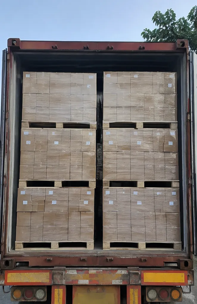 Optimized container loading plan for stage lighting fixture shipment showing palletized cartons