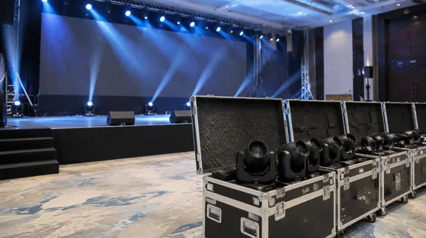 Corporate product launch stage with lightweight multi-function fixtures in road cases