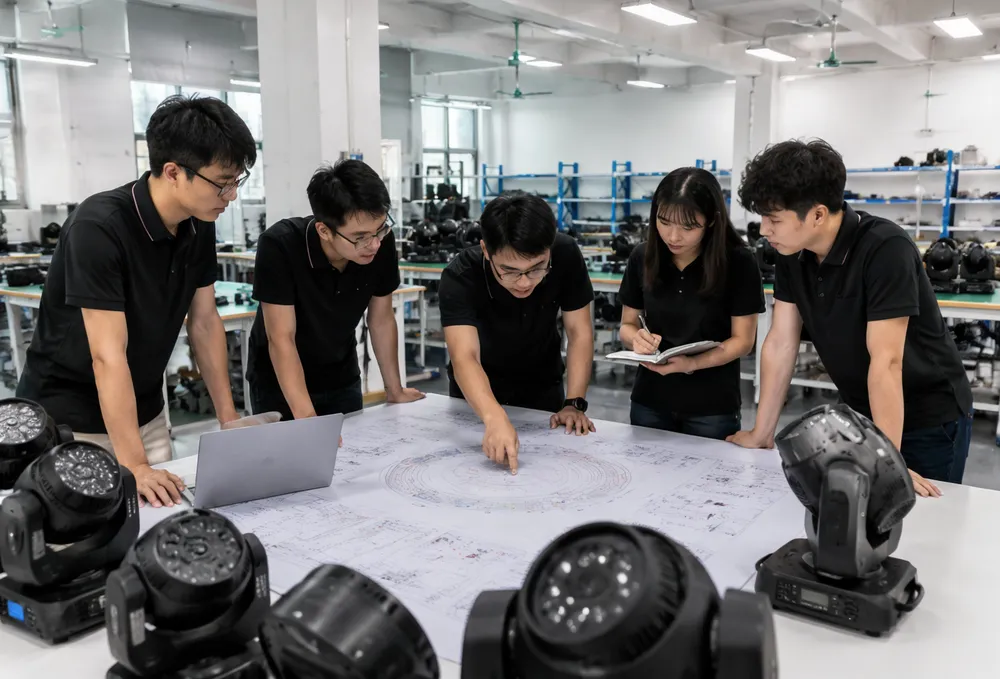 GDMonkey stage lighting design engineering team reviewing fixture layout plans in the Guangdong factory