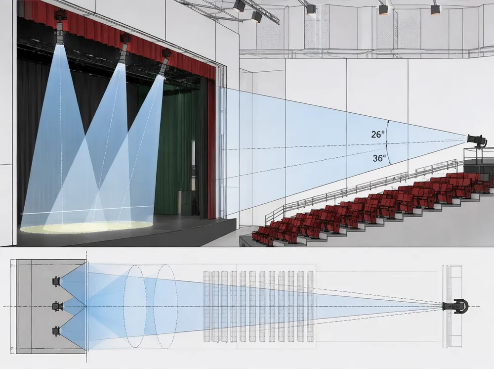 Theatre proscenium stage lighting coverage map showing FOH positions, beam angles, and seating rake geometry