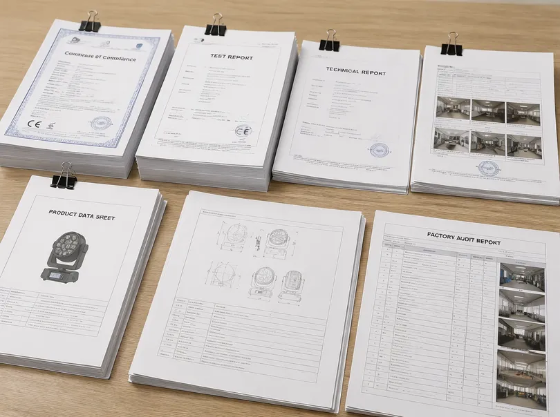 Complete compliance documentation package with CE certificates, test reports, and product data sheets for stage lighting tender submissions