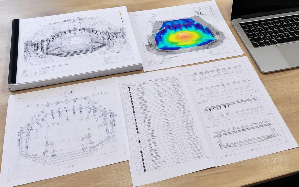 Completed stage lighting design package showing CAD drawings, fixture schedule, and coverage plot documents spread on desk