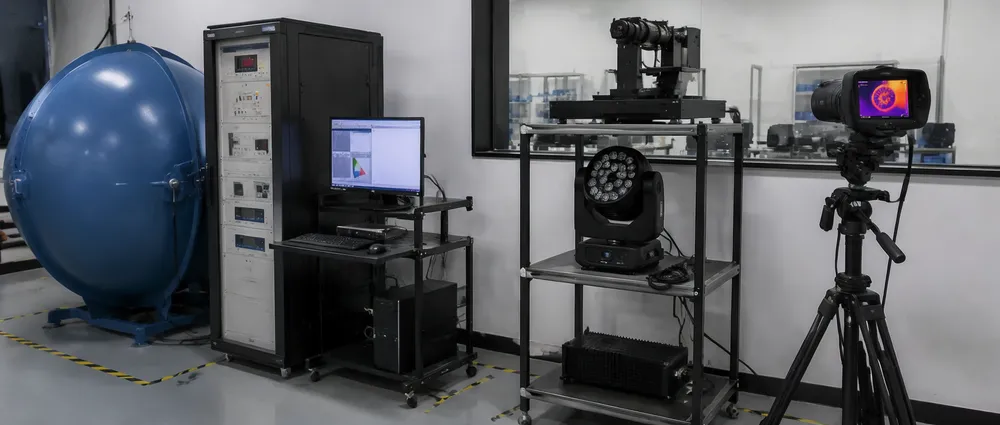 GDMonkey engineering lab showing optical and thermal testing equipment for stage lighting fixtures