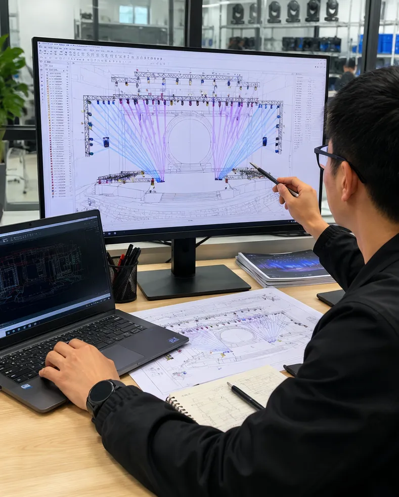 Engineer reviewing venue floor plan with fixture placement overlays
