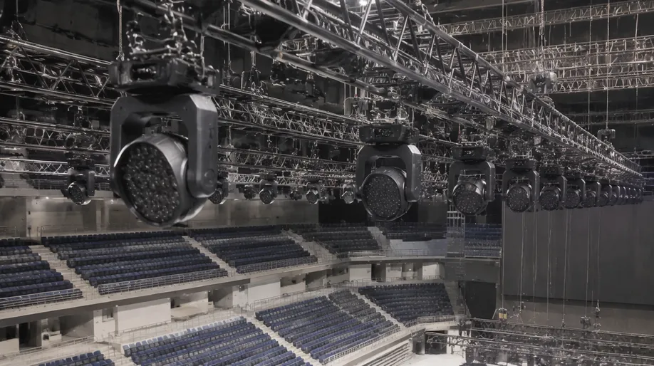Permanent arena installation with concert stage lighting rigging system