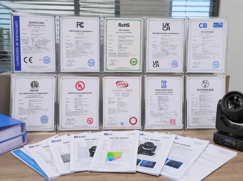 Compliance certification documents and test reports for concert stage lighting fixtures