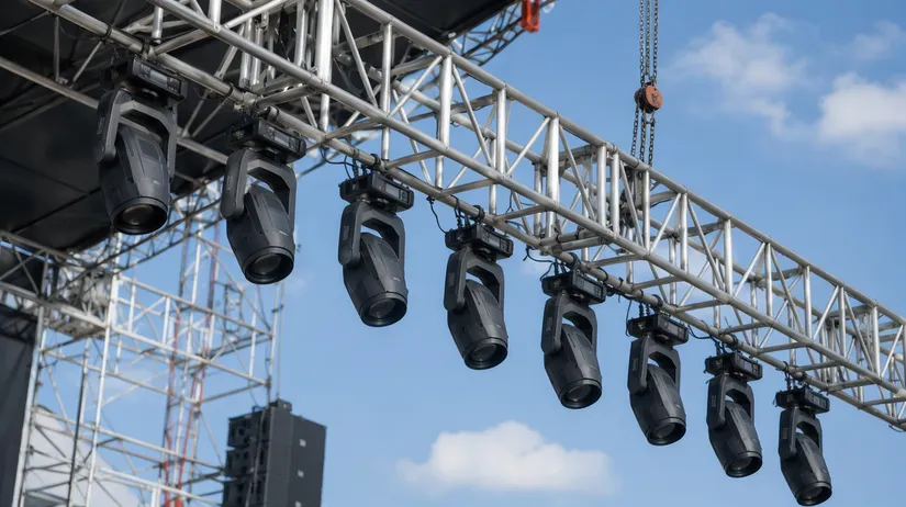 Concert moving head fixtures rigged on aluminum truss at height during load-in