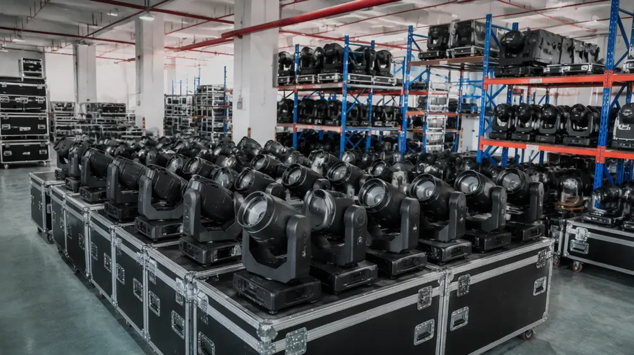 Festival rental inventory warehouse stocked with concert stage lighting fixtures
