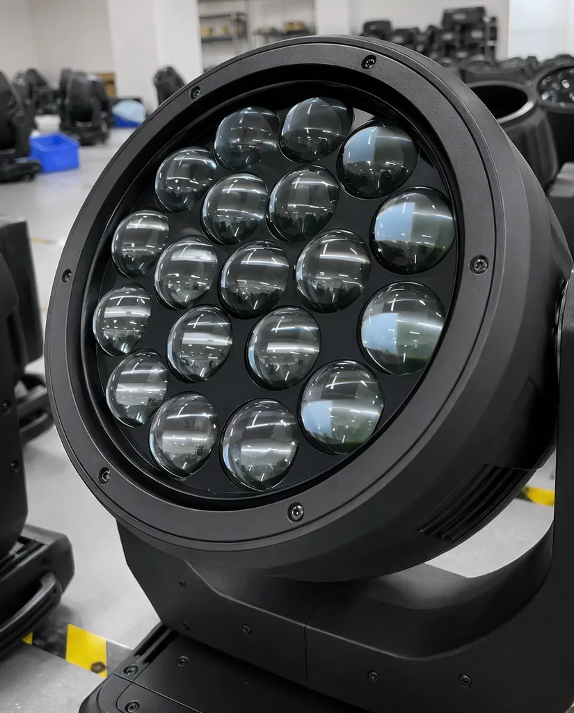 Multi-element glass lens array in concert moving head fixture showing beam clarity