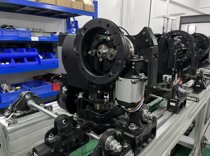 Steel-gear pan/tilt motor assembly on endurance testing rig at GDMonkey factory