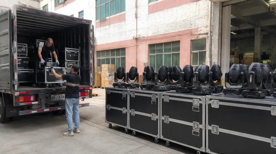 Touring production company loading concert stage lighting fixtures into truck fleet