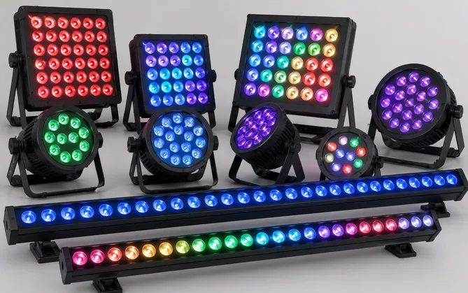 LED stage lighting wash fixtures — RGBW color mixing panels and LED bar lights