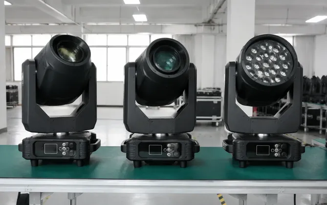 Moving head stage lighting — beam, spot, and wash fixtures with gobo wheels