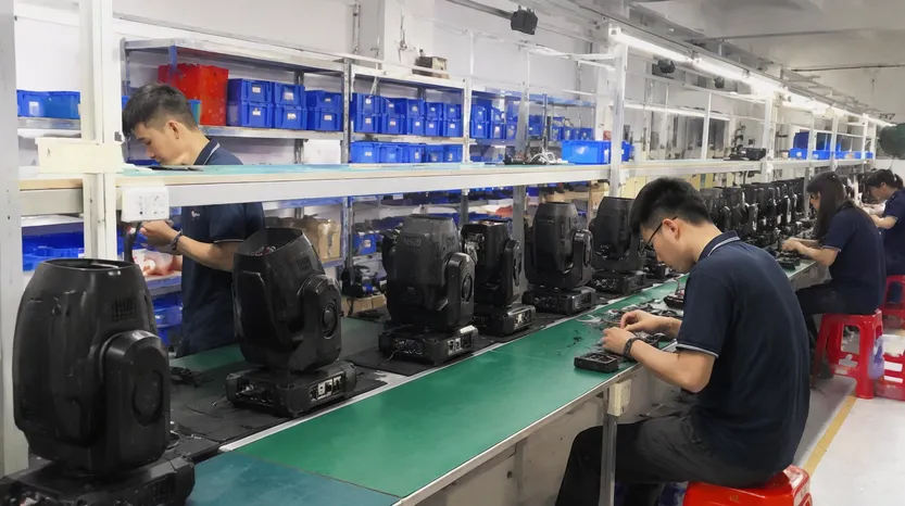 OEM/ODM stage lighting production floor showing custom branded fixtures in manufacturing