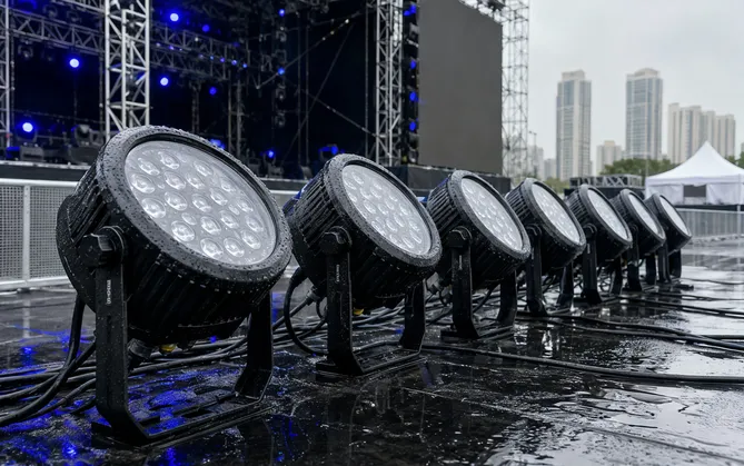 Outdoor stage lighting IP65-rated fixtures with sealed housings for festival stages