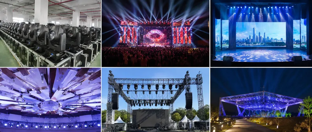 Different stage lighting applications across rental, installation, event, and outdoor markets