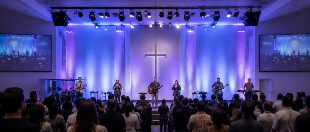 LED stage lighting wash fixtures installed in a church sanctuary for worship and livestream