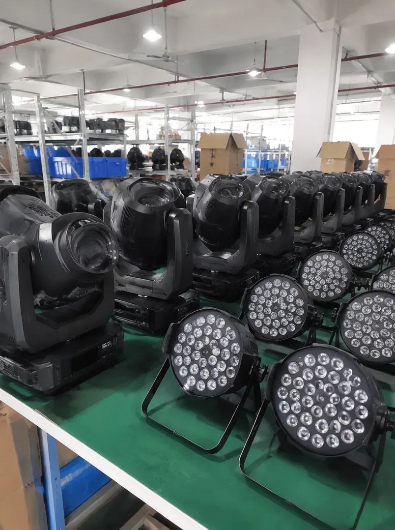 LED stage lighting fixtures compared side by side with moving heads and par lights for catalog positioning