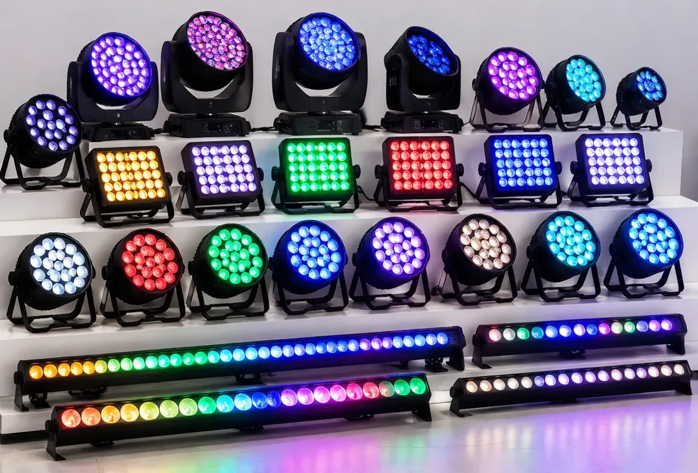GDMonkey LED stage lighting fixtures lineup — RGBW wash pars, color panels, and LED bars arranged for product overview