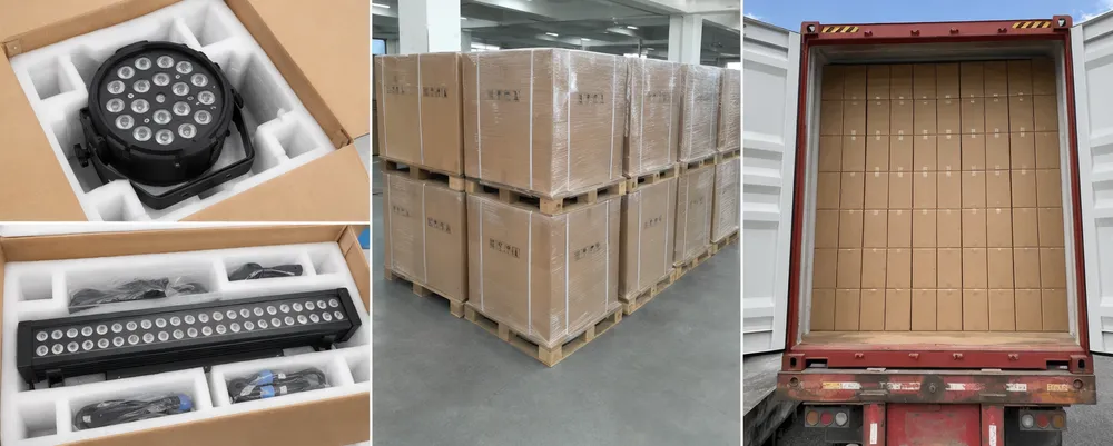 LED stage lighting fixtures packed in EPE foam inserts and loaded into shipping container with stacking arrangement