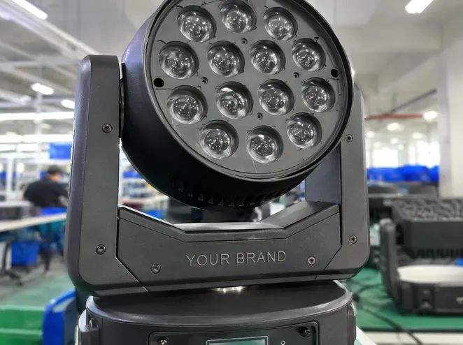LED stage lighting fixture with custom OEM branding laser-engraved on die-cast housing