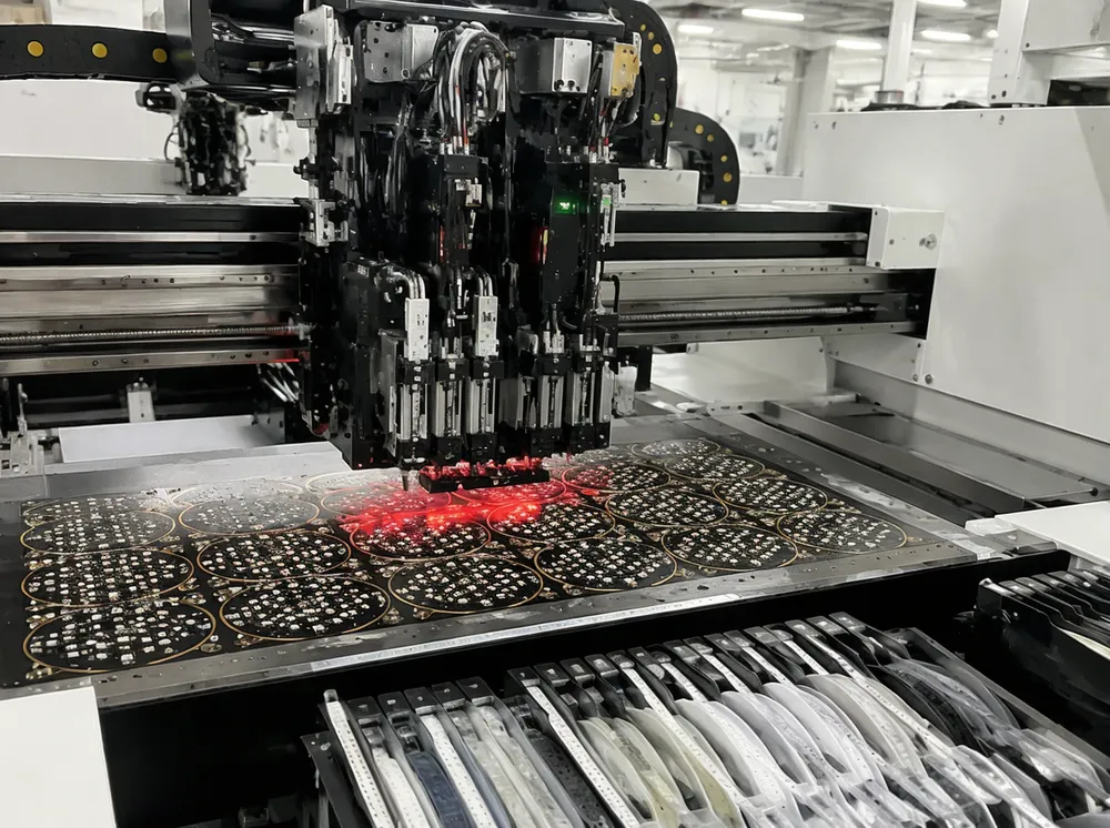 Automated SMT pick-and-place line mounting LED chips onto PCB arrays for stage lighting fixtures