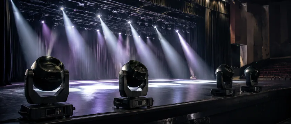LED stage lighting fixtures in a theatre environment with flicker-free dimming for live performance