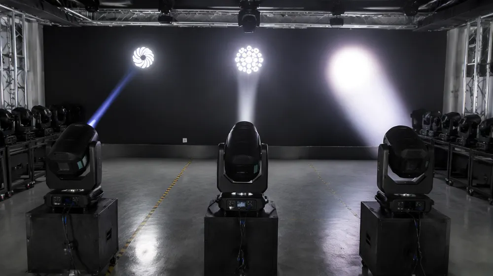 Hybrid moving head demonstrating beam, spot, and wash modes in a single fixture body